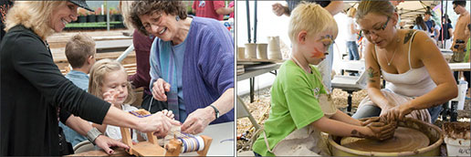child learning to weave and child making pottery